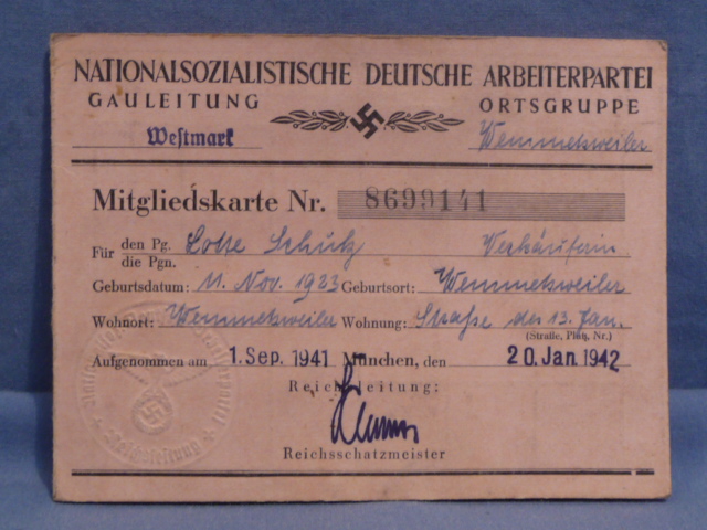 Original Nazi Era German NSDAP Party Member's ID/Dues Card