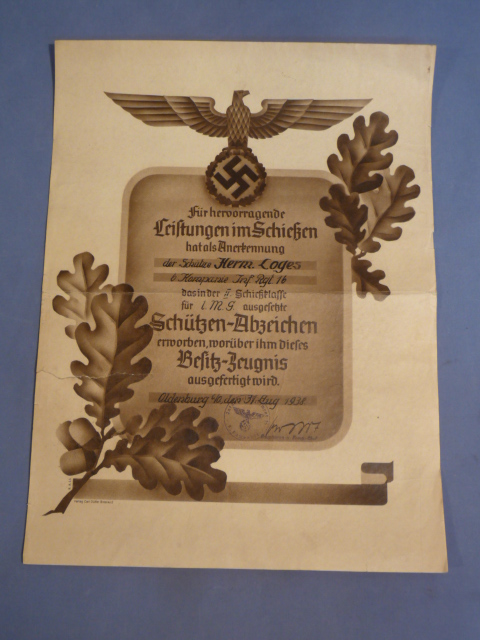 Original 1938 German Rifle Shooting Award 2nd Class, Shooting Plaque