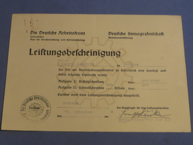Original 1938 German DAF Central Office Performance Certificate