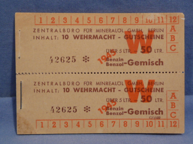 Original WWII German Wehrmacht Booklet of 20 Vouchers for Gasoline, UNUSED!