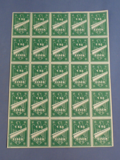 Original Nazi Era German Sheet of Ration Tickets for Purchasing Iron