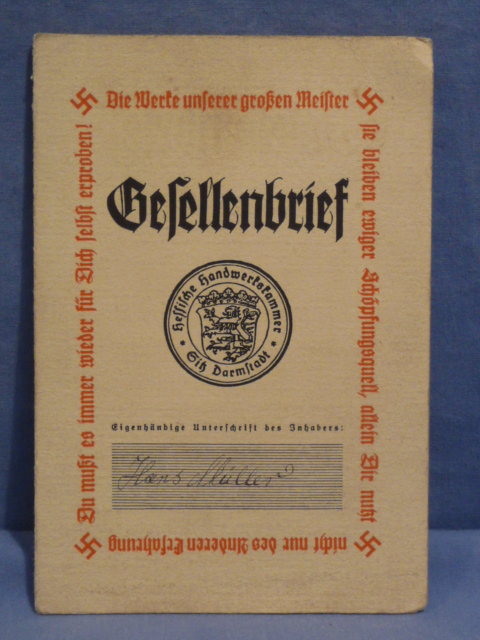 Original 1936 German Journeyman's Certificate, Gesellenbrief