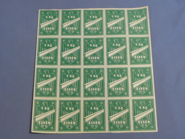 Original Nazi Era German Sheet of Ration Tickets for Purchasing Iron