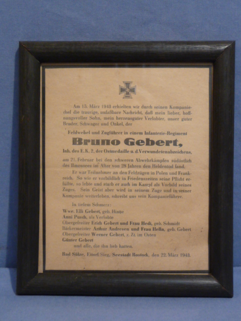 Original WWII German Framed Remembrance Card to Fallen NCO