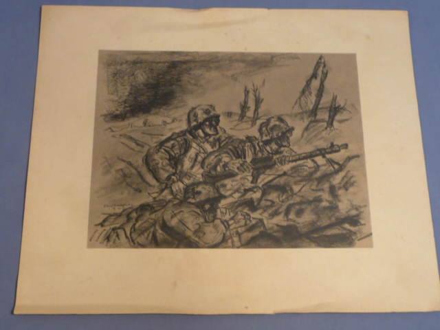 Original WWII German Charcoal Drawing Print, Soldiers with MG34