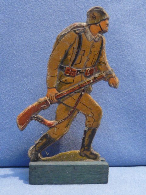 Original WWII Era German Painted Cardboard Toy Soldier with Wood Base