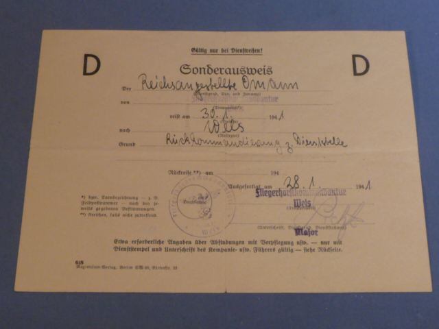Original WWII German Luftwaffe Soldier's Special Pass
