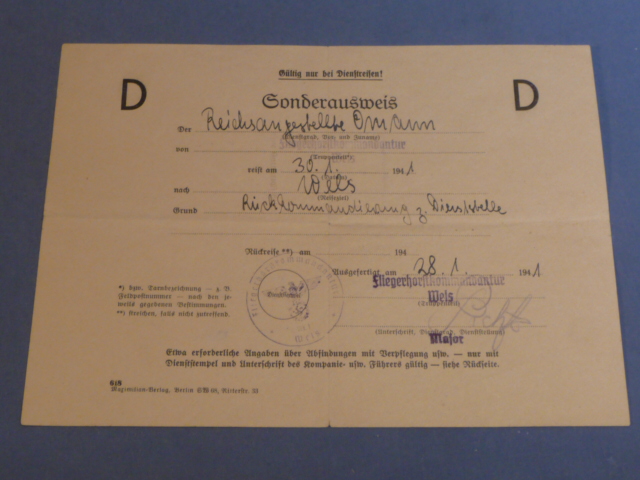 Original WWII German Luftwaffe Soldier's Special Pass
