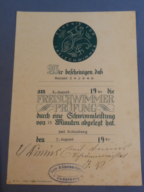 Original WWII German Free Style Swimming Certificate, FREISCHWIMMER