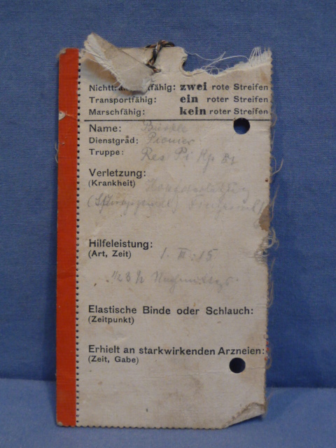 Original WWII German Pionier (Engineer) Soldier's Wound Tag
