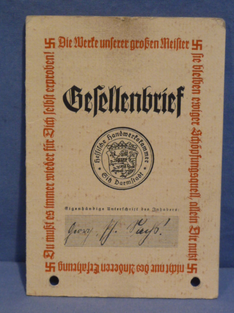 Original 1934 German Journeyman's Certificate, Gesellenbrief