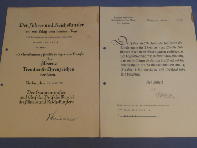 Original WWII German Documents to Tecknical Railway Senior Inspector, 25 Year Faithful Service Medal
