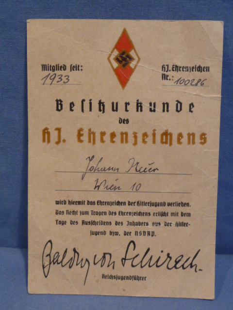 Original Nazi Era German Golden Hitler Youth Badge Award Document