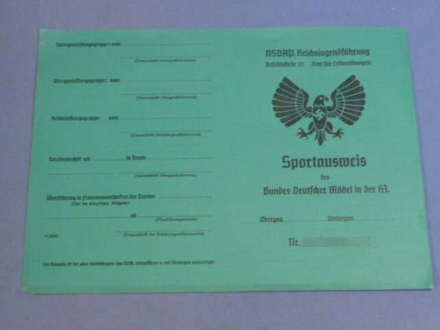 Original Nazi Era German Female Hitler Youth Sports Card, UNUSED!