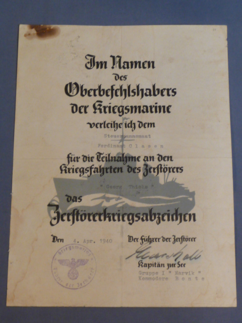 Original WWII German Kriegsmarine Destroyer War Badge Award Document, Zerst�rerkriegsabzeichen