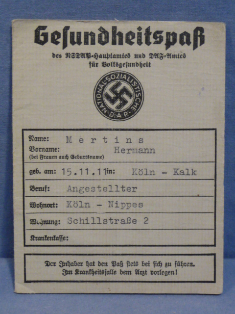 Original 1939 German Gesundheitspa� (Health Card)
