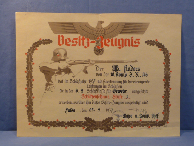 Original 1937 German Marksmanship Award Document for Rifle
