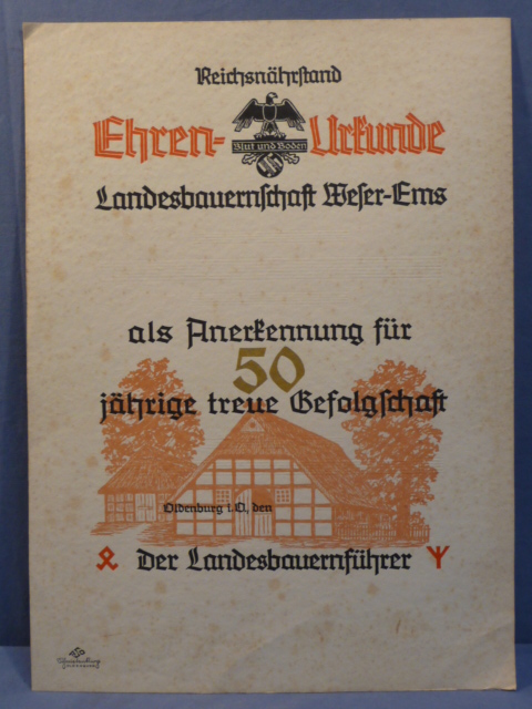 Original Nazi Era German State Farmers' Association 50 Year Loyal Compliance Document, UNUSED