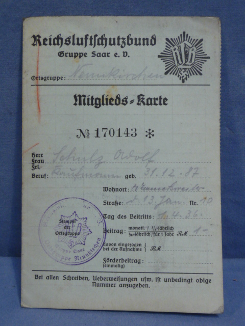 Original Nazi Era German RLB Member's ID/Dues Card
