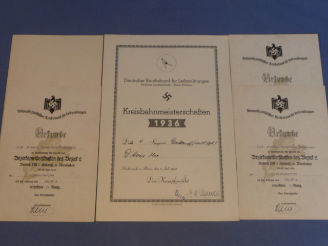 Original Nazi Era German NSRL/DRL and HJ Sports Award Documents Set to Same Woman