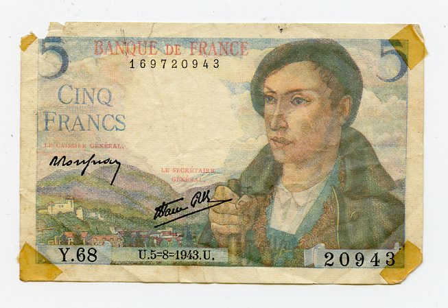 Original WWII French 5 Francs Note, 1943