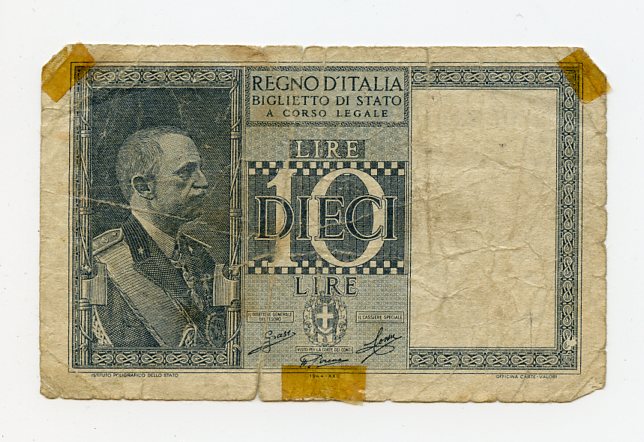 Original WWII Italian 10 Lire Note, 1944