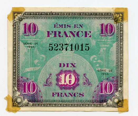 Original WWII Allied Invasion Currency, 10 French Francs