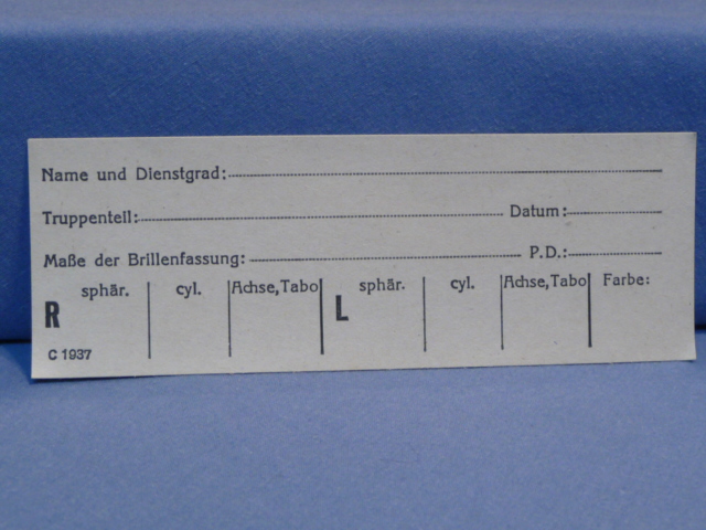 Original WWII German Military Eye Glasses Prescription Card, UNUSED