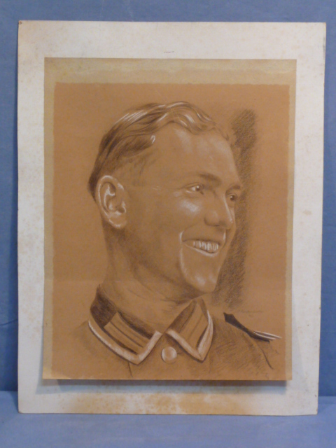 Original WWII German Army Soldier Pastel Drawing on Backing