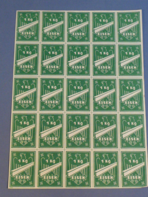 Original Nazi Era German Sheet of Ration Tickets for Purchasing Iron