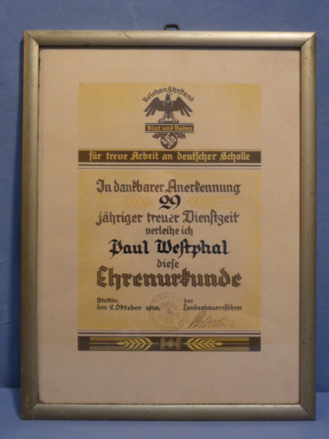 Original 1938 German Reichsn�hrstand 29 Years Faithful Service Award