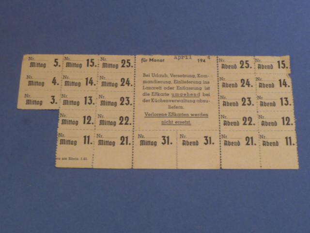 Original WWII German Military Issued Ration Card, 1944