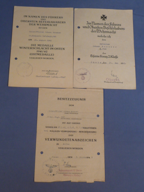 Original WWII German Award Documents Set to Cholm Pocket Infantry Soldier, Iron Cross