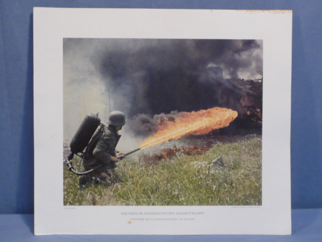 Original WWII German Military Themed Color Print, Pionier with Flamethrower Attacking