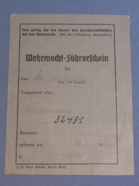 Original WWII German Armed Forces Driver License, Wehrmacht-F�hrerschein
