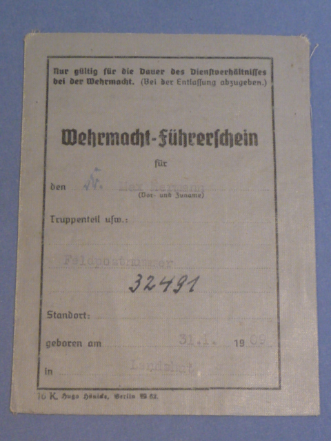 Original WWII German Armed Forces Driver License, Wehrmacht-Fhrerschein