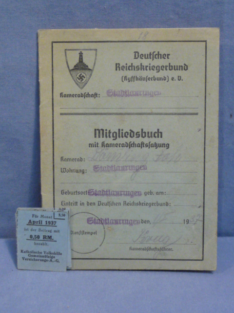 Original Nazi Era German DRKB Member's ID/Dues Book