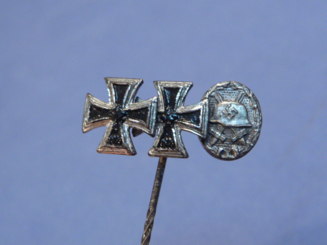 Original WWII German Iron Cross 1st and 2nd Classes + Wound Badge Medals Miniature, 9mm