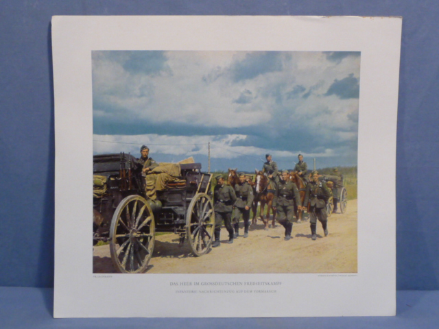 Original WWII German Military Themed Color Print, INFANTRY SIGNALS UNIT ON THE MARCH