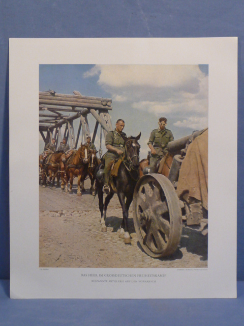 Original WWII German Military Themed Color Print, ARTILLERY ON THE ADVANCE