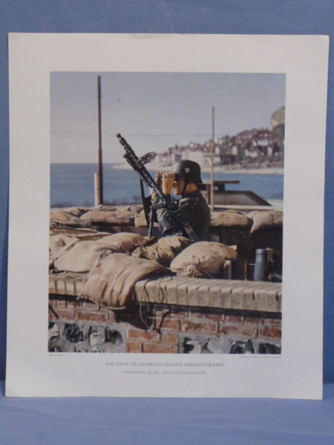 Original WWII German Military Themed Color Print, GRENADIER AT THE MG FOR ANTI-AIRCRAFT