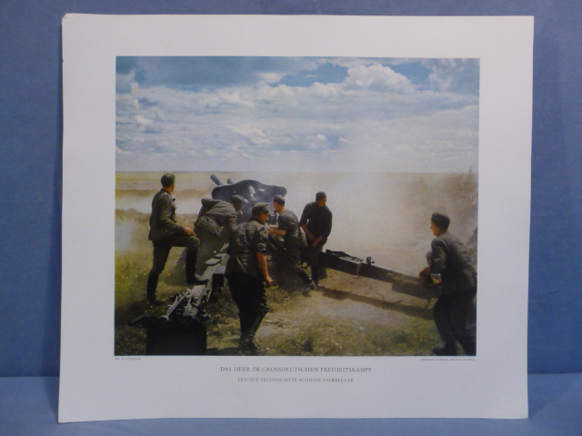 Original WWII German Military Themed Color Print, LIGHT FIELD HOWITZER SHOOTING