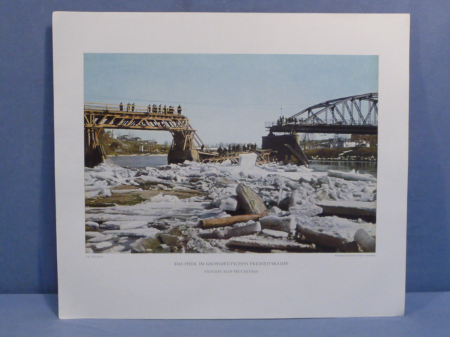 Original WWII German Military Themed Color Print, PIONEERS BRIDGE BUILDING