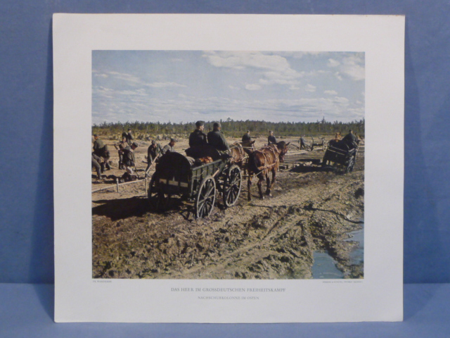 Original WWII German Military Themed Color Print, SUPPLY COLUMN IN THE EAST