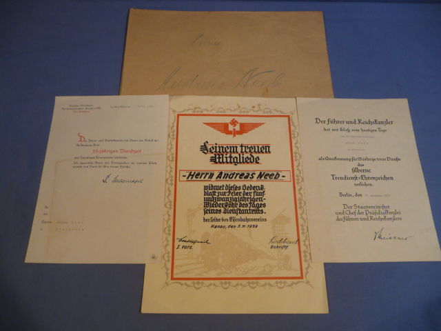 Original WWII German Railway Worker's 25 Year Faithful Service Documents Set