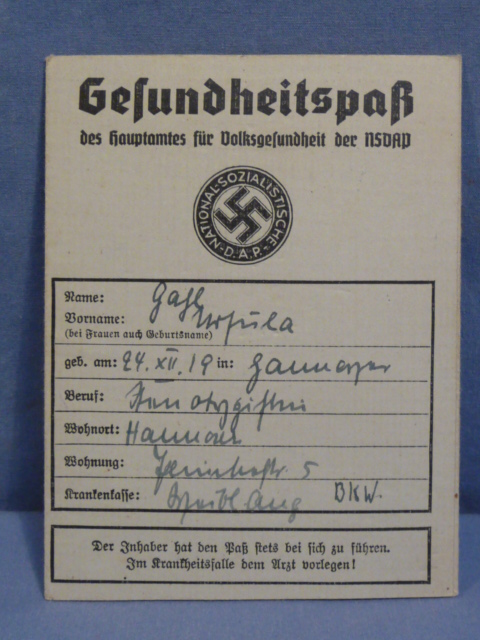 Original 1938 German NSDAP Gesundheitspa� (Health Card)