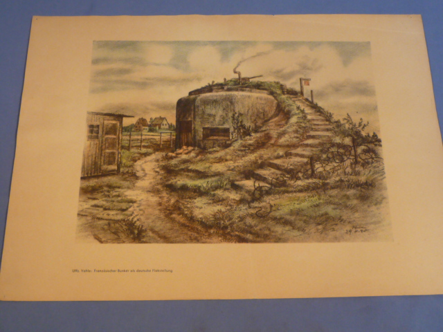 Original WWII German KUNST DER FRONT Print, French Bunker as a German FLAK Position
