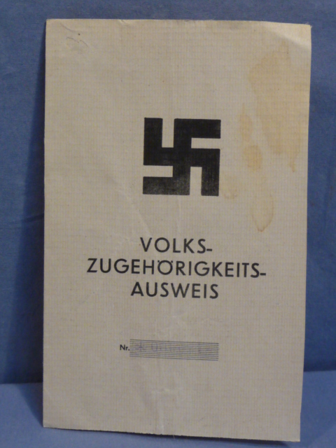 Original Nazi Era German PEOPLE'S IDENTITY Document, VOLKS ZUGEH�RIGKEITS AUSWEIS