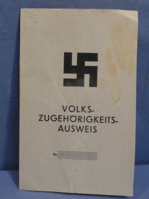 Original Nazi Era German PEOPLE'S IDENTITY Document, VOLKS ZUGEHRIGKEITS AUSWEIS