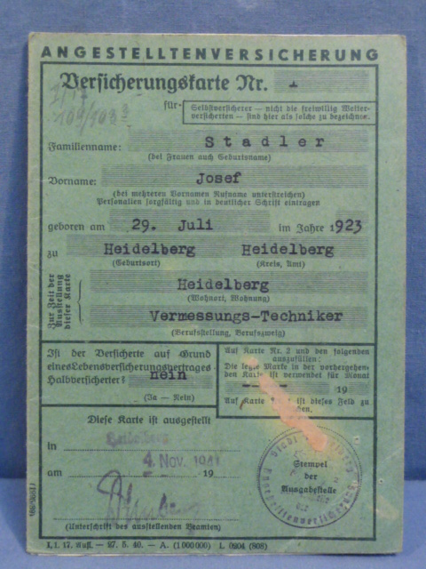 Original Nazi Era German Insurance Card for Measuring Technician, ANGESTELLTENVERSICHERUNG